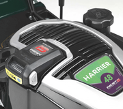 Close-up of the Briggs & Stratton InStart electric start engine on the Hayter Harrier 48 Autodrive VS petrol lawnmower with push-button starting system.