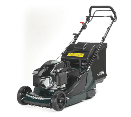 Hayter Harrier 48 VS Autodrive petrol lawnmower with 48cm rear roller deck, 159cc OHV engine and 70-litre grass collector shown from a front three-quarter angle.