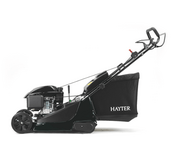 Side profile of the Hayter Harrier 48 VS Autodrive self-propelled petrol lawnmower featuring rear roller, aluminium deck and large 70-litre grass collection bag.