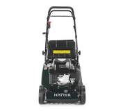 Front view of the Hayter Harrier 48 VS 19-inch rear roller petrol lawnmower with Hayter OHV engine and full-width striped lawn roller.