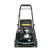 Front view of Hayter Harrier 56 Autodrive VS petrol lawnmower showing 56cm cutting deck and rear roller
