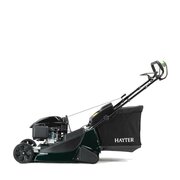 Side profile of Hayter Harrier 56 Autodrive VS self-propelled petrol lawnmower with large grass collection bag