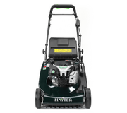 Front view of the Hayter Harrier 56 Autodrive VS ES InStart petrol lawnmower featuring a 56cm cutting deck, rear roller and electric-start Briggs & Stratton engine.