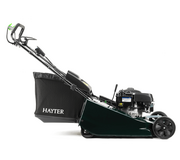 Side profile of the Hayter Harrier 56 Autodrive VS ES InStart self-propelled petrol lawnmower showing the large rear roller, 70-litre grass collector and aluminium cutter deck.