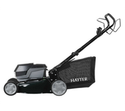 Side view of the Hayter Osprey 46 60V battery lawnmower showing the self-propelled design, steel deck and large 55L grass collection bag.