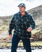 man wearing Hoggs of fife broxburn fleece shacket navy-green-gold