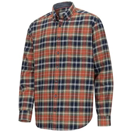 Front angled view of the Hoggs of Fife Pitcairn men’s country flannel shirt featuring a brushed cotton rust, green, and navy check design.