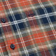 Close-up of the Hoggs of Fife Pitcairn men’s country check flannel shirt showing the brushed cotton rust, green, and navy checked pattern.