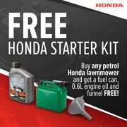 Honda promotion graphic offering a free starter kit with any petrol Honda lawnmower, including a fuel can, 0.6 litre 10W-30 engine oil, and a funnel.