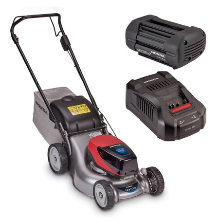 Honda HRG 416 XB cordless lawnmower kit including the mower, 4Ah 36V battery, and CV3680XA fast charger.