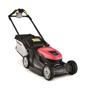 Honda HRX 476 XB cordless self-propelled lawnmower with grass collector, shown from a front angle on a white background.