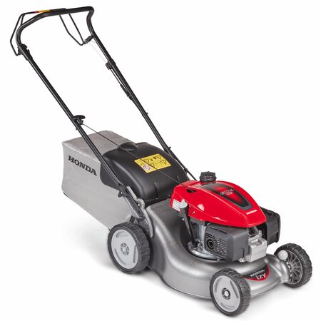 Honda Izy HRG 416 SK petrol lawnmower with 41cm cutting deck, easy-start GCV engine, grass collector, and push-drive design for small to medium UK gardens.