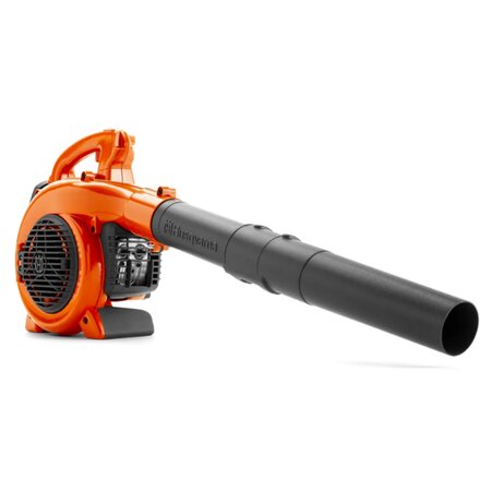 Angled view of the Husqvarna 125B petrol leaf blower showing compact, lightweight design and high-performance handheld blower tube for domestic garden maintenance.