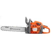 Husqvarna 455 Rancher petrol chainsaw with 18 inch bar angled view highlighting X-Torq engine housing and rear handle control layout