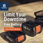 Husqvarna battery promotion banner showing 2.5Ah and 4.0Ah batteries on a workbench with text “Free Battery With Your Purchase”. Offer valid 2 March to 31 May 2026. For this unit-only Husqvarna product.