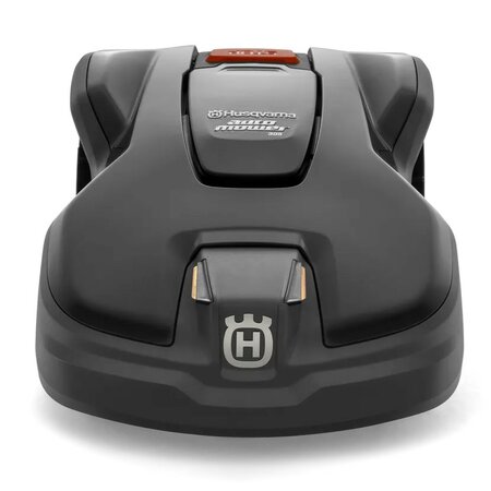 Husqvarna 305 automower facing head-on on a white background
