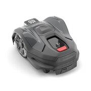 Angled rear view of the Husqvarna Automower305E NERA with EPOS plug-in, highlighting wheel design and control panel.