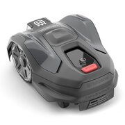 Angled rear view of the Husqvarna Automower 310E NERA with EPOS plug-in, highlighting wheel design and control panel.
