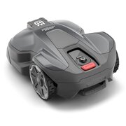 Angled rear view of the Husqvarna Automower320 NERA with EPOS plug-in, highlighting wheel design and mower profile.