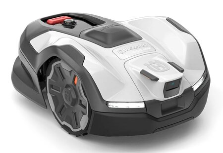 Side view of the Husqvarna Automower 405XE NERA robotic lawn mower with EPOS plug-in, shown on a white background.