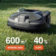 Husqvarna Automower 405X robotic lawnmower on grass showing 600 square metre working area and 40 percent slope capability