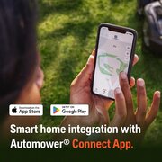 Smartphone displaying Husqvarna Automower Connect app controlling Automower 405X robotic lawnmower mowing zones and schedule