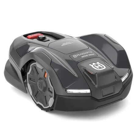 Husqvarna Automower 405XE NERA robotic lawnmower angled front view showing compact autonomous mower design