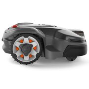 Husqvarna Automower 415X robotic lawnmower side profile showing traction wheel and low-profile cutting deck