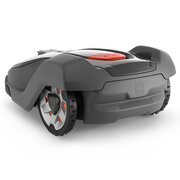 Husqvarna Automower 430X robotic lawnmower rear angle view showing rugged wheels, compact body and STOP control panel for autonomous lawn care.