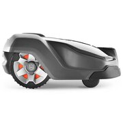 Husqvarna Automower 430X robotic lawnmower side profile showing rear drive wheel and low-profile cutting deck design for medium to large lawns.