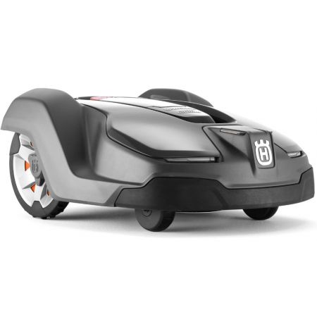 Husqvarna Automower 430X robotic lawnmower front-left angled view showing compact design, LED headlights and automatic mowing system