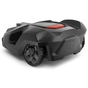 Husqvarna Automower 450X robotic lawnmower rear angle showing STOP control panel and durable weather-resistant housing