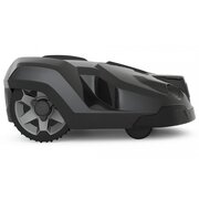 Side profile of Husqvarna Automower 450X robotic lawnmower showing large traction wheels for slopes and uneven terrain
