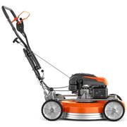 Side profile of Husqvarna KLIPPO LB 553SQe petrol mulching lawnmower featuring a 53cm aluminium cutting deck, front-wheel drive and commercial-grade engine.