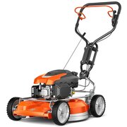 Husqvarna KLIPPO LB 553SQe commercial petrol lawnmower with cast aluminium deck, BioClip® mulching system and anti-vibration handle, angled product image.