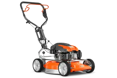 Husqvarna KLIPPO LB 553SQe Petrol Lawnmower on a white background, slightly angeled to show the engine