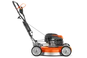 Husqvarna KLIPPO LB 553SQe Petrol Lawnmower on a white background, side profile to show the large aluminium wheels