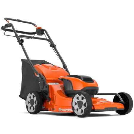 Front angled view of Husqvarna LC 142iS self-propelled battery lawnmower with 42cm cutting width and central height adjustment