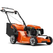Rear three-quarter view of Husqvarna LC 353V 53cm self-propelled petrol lawnmower with ergonomic foldable handle and rear grass collector.