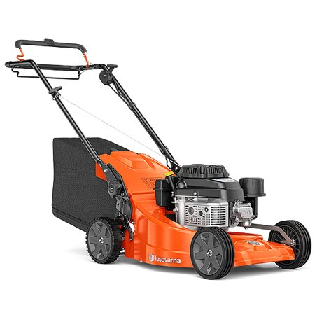 Rear three-quarter view of Husqvarna LC 551SP Pro 51cm self-propelled petrol mower with fabric grass collector and foldable handle.