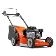 Husqvarna LC 551VBP 51cm self-propelled petrol lawn mower with Kawasaki FJ180 engine, aluminium cutting deck and rear grass collector, front angled product view.
