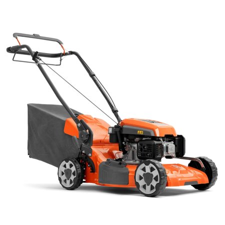 Husqvarna LC151S self-propelled petrol lawnmower with 51cm steel deck and 65L grass collector, angled front view on white background