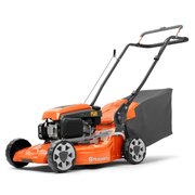 Husqvarna LC151S self-propelled petrol lawnmower with 51cm steel deck and 65L grass collector, angled front view on white background