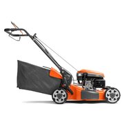 Husqvarna LC151S self-propelled petrol lawnmower with 166cc engine, 51cm cutting width and large grass collector, angled rear view