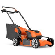 Husqvarna LC251iS self-propelled battery lawnmower with rear grass collector, shown from a front three-quarter angle. Battery-powered mower designed for comfortable operation and efficient grass collection.