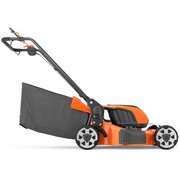 Side view of the Husqvarna LC251iS self-propelled battery lawnmower with grass collector fitted. Cordless walk-behind mower featuring battery-powered operation and rear grass collection.