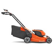 Side view of Husqvarna LC347iVX 47cm self-propelled battery lawnmower with rear grass collector