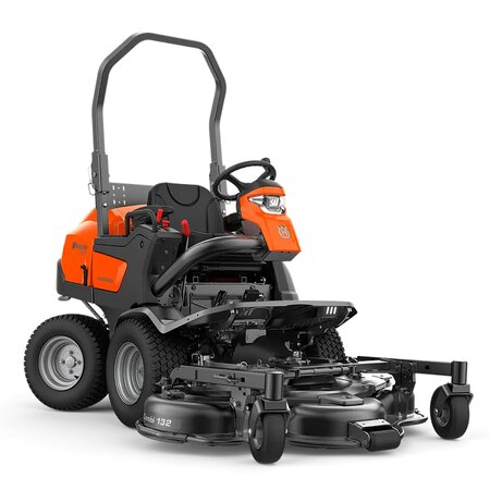 Front angled view of the Husqvarna P520DX ride-on mower unit only 967985201 fitted with a Husqvarna Combi 132 cutting deck