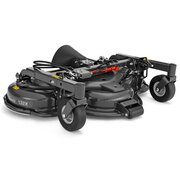 Angled view of the optional Husqvarna 132X Combi cutting deck for the Husqvarna P520DX ride-on mower showing caster wheels and fabricated deck design
