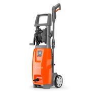 Husqvarna PW125 electric pressure washer with wheels and integrated hose reel, shown upright in orange and grey with compact, portable design.